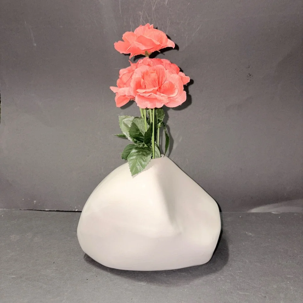 Modernist White Ceramic Asymmetrical Organic Pebble Bud Vase Sculptural Decor
